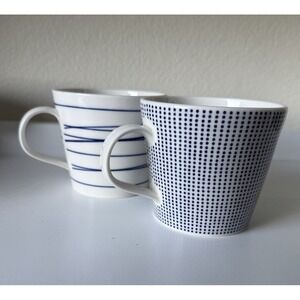2 Royal Doulton Porcelain 12oz Coffee Tea Mugs Pacific Blue & White Dots/Stripes